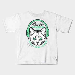 HOUSE MUSIC  - Headphone Cat (Green/Black) Kids T-Shirt